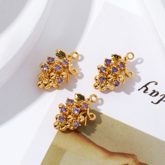 Picture of 2 PCs Brass Charms 18K Gold Plated Grape Fruit 3D Purple Cubic Zirconia 17mm x 10mm