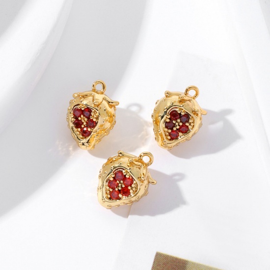 Picture of 2 PCs Brass Charms 18K Gold Plated Strawberry Fruit 3D Red Cubic Zirconia 12mm x 8mm