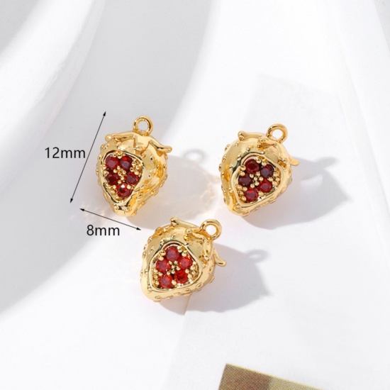 Picture of 2 PCs Brass Charms 18K Gold Plated Strawberry Fruit 3D Red Cubic Zirconia 12mm x 8mm