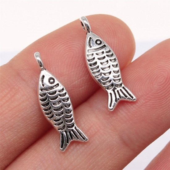 Image de 50 Pcs Breloques Bijoux d'Océan en Alliage de Zinc Argent Vieilli Poisson 20mm x 6mm