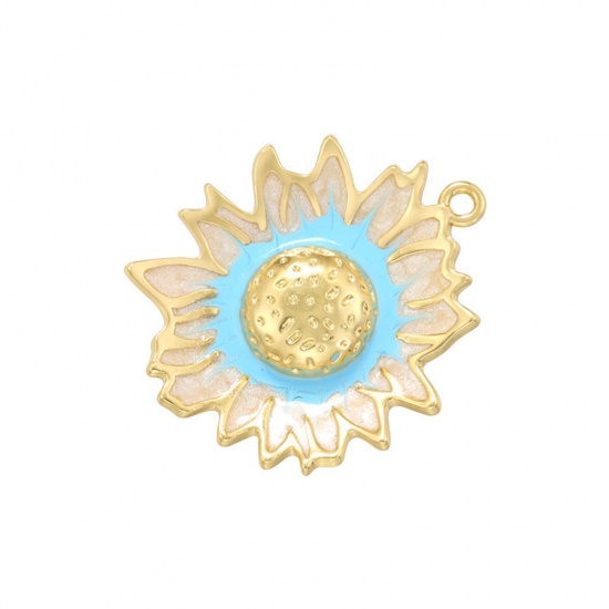 Immagine di 1 Pz Ottone Ciondoli Placcato Oro 18K Blu Girasole Smalto 28.5mm x 24.5mm