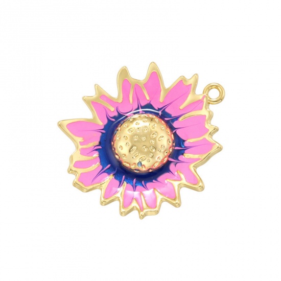 Imagen de 1 Unidad Latón Colgantes Chapado en Oro de 18K Púrpura & Rojo Ciruela Girasol Esmalte 28.5mm x 24.5mm
