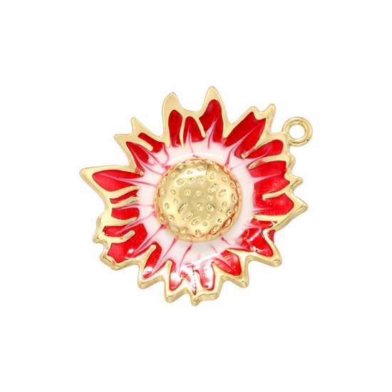 Imagen de 1 Unidad Latón Colgantes Chapado en Oro de 18K Blanco & Rojo Girasol Esmalte 28.5mm x 24.5mm