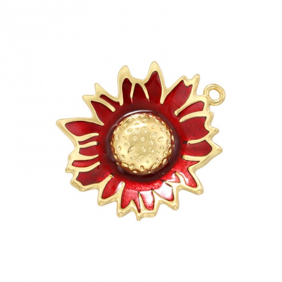 Imagen de 1 Unidad Latón Colgantes Chapado en Oro de 18K Rojo Girasol Esmalte 28.5mm x 24.5mm