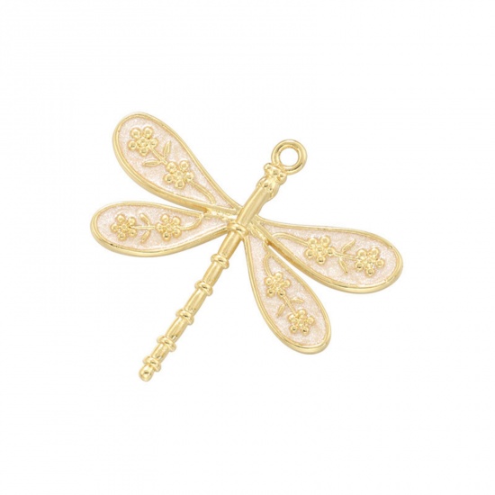 Imagen de 1 Unidad Latón Insecto Colgantes Libélula Chapado en Oro de 18K Blanco Esmalte 25.5mm x 23mm