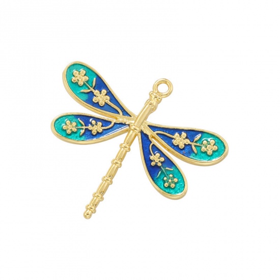 Imagen de 1 Unidad Latón Insecto Colgantes Libélula Chapado en Oro de 18K Azul & Verde Esmalte 25.5mm x 23mm