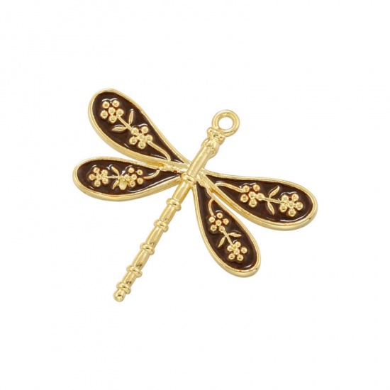 Imagen de 1 Unidad Latón Insecto Colgantes Libélula Chapado en Oro de 18K Negro Esmalte 25.5mm x 23mm