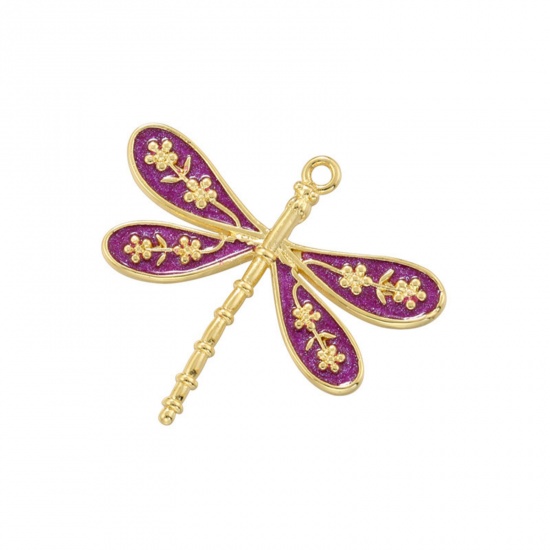 Imagen de 1 Unidad Latón Insecto Colgantes Libélula Chapado en Oro de 18K Púrpura Esmalte 25.5mm x 23mm