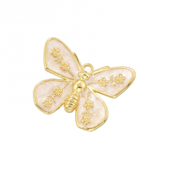 Immagine di 1 Pz Ottone Insetto Ciondoli Farfalla Placcato Oro 18K Bianco Smalto 22mm x 17.5mm