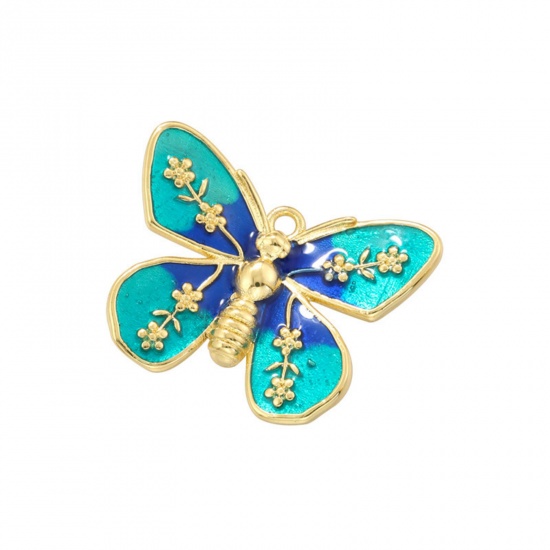 Immagine di 1 Pz Ottone Insetto Ciondoli Farfalla Placcato Oro 18K Blu & Blu Scuro Smalto 22mm x 17.5mm