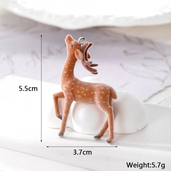 Picture of 2 PCs Acrylic 3D Pendants Christmas Reindeer Silver Tone Brown Flocking 5.5cm x 3.7cm