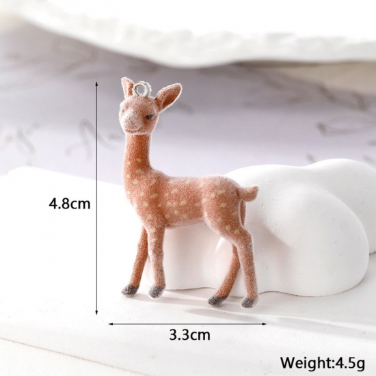 Picture of 2 PCs Acrylic 3D Pendants Christmas Reindeer Silver Tone Brown Flocking 4.8cm x 3.3cm