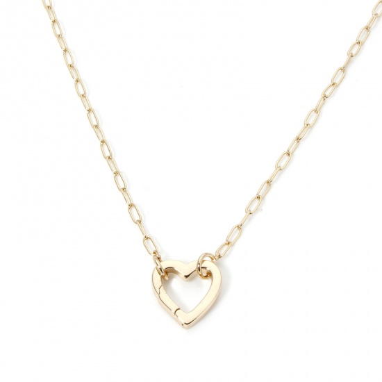 Picture of 1 Piece Brass Paperclip Chain Necklace Gold Plated Heart With Spring Ring Clasp 47cm(18.5") long, Chain Size: 2.5mm