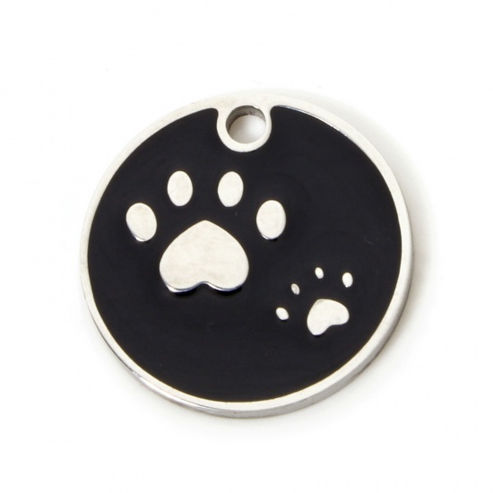 Immagine di 2 Pz 304 Acciaio Inossidabile Memoriale dell'animale Ciondoli Tondo Tono Argento Nero Orma di Zampa Smalto 15mm Dia.