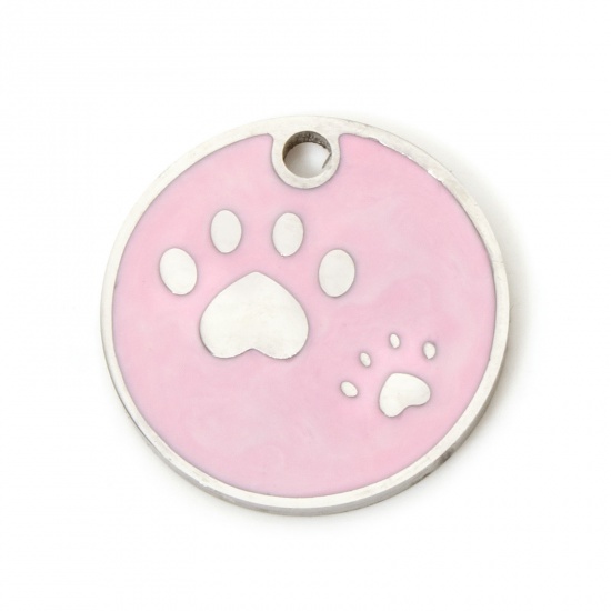 Immagine di 2 Pz 304 Acciaio Inossidabile Memoriale dell'animale Ciondoli Tondo Tono Argento Rosa Orma di Zampa Smalto 15mm Dia.