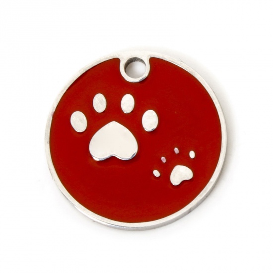 Immagine di 2 Pz 304 Acciaio Inossidabile Memoriale dell'animale Ciondoli Tondo Tono Argento Rosso Orma di Zampa Smalto 15mm Dia.