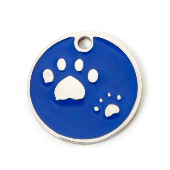 Immagine di 2 Pz 304 Acciaio Inossidabile Memoriale dell'animale Ciondoli Tondo Tono Argento Blu Scuro Orma di Zampa Smalto 15mm Dia.