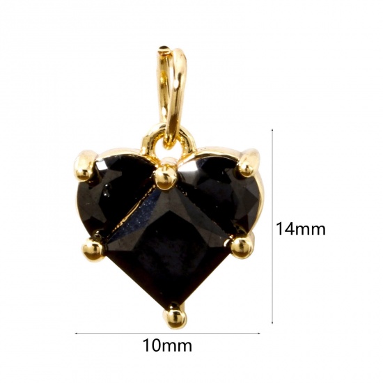 Picture of 1 Piece Eco-friendly Brass Valentine's Day Charms 18K Real Gold Plated Heart Black Rhinestone 14mm x 10mm