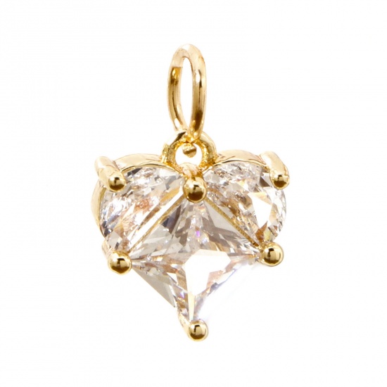 Picture of 1 Piece Eco-friendly Brass Valentine's Day Charms 18K Real Gold Plated Heart Clear Rhinestone 14mm x 10mm