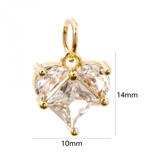 Picture of 1 Piece Eco-friendly Brass Valentine's Day Charms 18K Real Gold Plated Heart Clear Rhinestone 14mm x 10mm