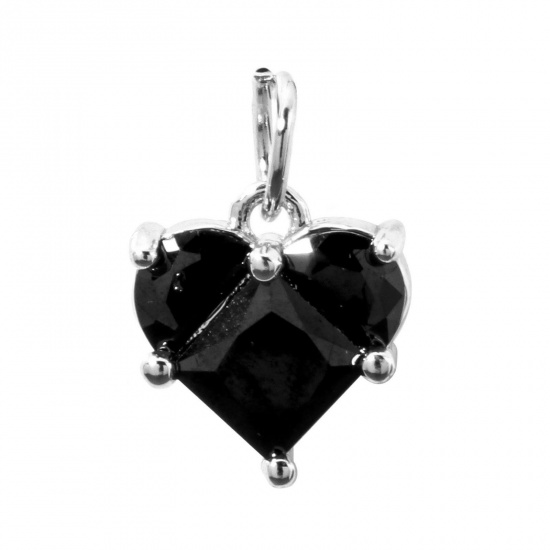 Picture of 1 Piece Eco-friendly Brass Valentine's Day Charms Real Platinum Plated Heart Black Rhinestone 14mm x 10mm