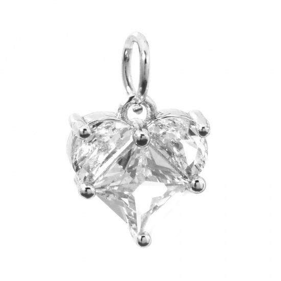 Picture of 1 Piece Eco-friendly Brass Valentine's Day Charms Real Platinum Plated Heart Clear Rhinestone 14mm x 10mm