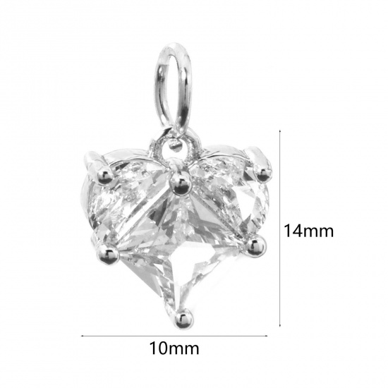 Picture of 1 Piece Eco-friendly Brass Valentine's Day Charms Real Platinum Plated Heart Clear Rhinestone 14mm x 10mm