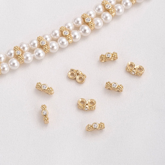 Picture of 5 PCs Eco-friendly Brass Spacer Beads For DIY Bracelet Jewelry Making Findings 14K Real Gold Plated Plum Blossom Clear Cubic Zirconia About 7mm x 2mm