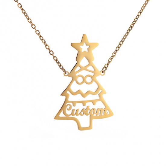 Picture of 1 Piece 304 Stainless Steel Customized Name Necklace Personalized Letter Charm Pendant Christmas Tree Gold Plated 45cm(17.7") long