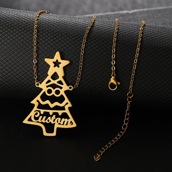 Picture of 1 Piece 304 Stainless Steel Customized Name Necklace Personalized Letter Charm Pendant Christmas Tree Gold Plated 45cm(17.7") long