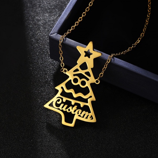 Picture of 1 Piece 304 Stainless Steel Customized Name Necklace Personalized Letter Charm Pendant Christmas Tree Gold Plated 45cm(17.7") long