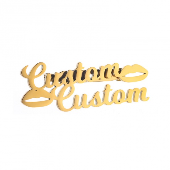 Picture of 1 Piece 304 Stainless Steel Customized Name Pin Brooch Personalized Letter Lip Gold Plated