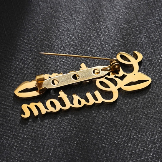 Picture of 1 Piece 304 Stainless Steel Customized Name Pin Brooch Personalized Letter Lip Gold Plated