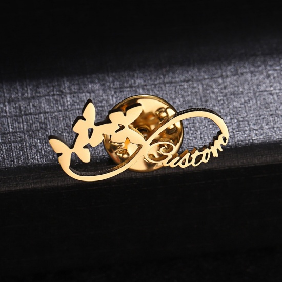 Picture of 1 Piece 304 Stainless Steel Customized Name Pin Brooch Personalized Letter Infinity Symbol Butterfly Gold Plated