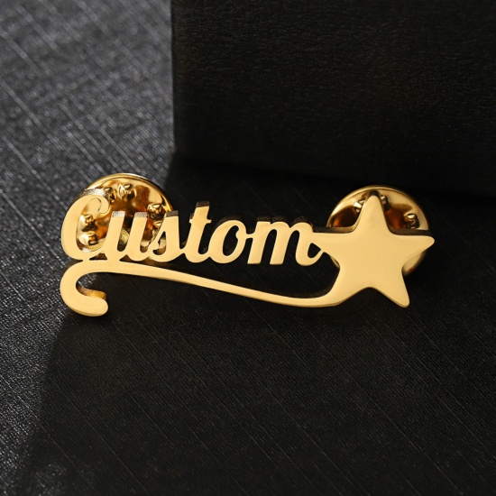 Picture of 1 Piece 304 Stainless Steel Customized Name Pin Brooch Personalized Letter Pentagram Star Gold Plated