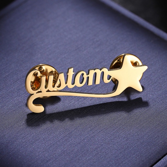 Picture of 1 Piece 304 Stainless Steel Customized Name Pin Brooch Personalized Letter Pentagram Star Gold Plated