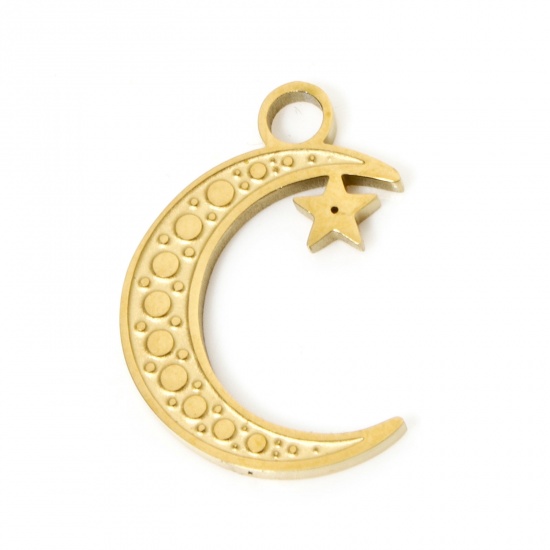 Imagen de 2 Unidades Recubrimiento al Vacío PVD Ecológico 304 Acero Inoxidable Galaxia Colgantes Chapado en Oro de 18K Luna Media Estrella 19mm x 13mm