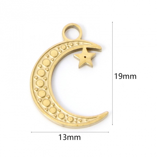Imagen de 2 Unidades Recubrimiento al Vacío PVD Ecológico 304 Acero Inoxidable Galaxia Colgantes Chapado en Oro de 18K Luna Media Estrella 19mm x 13mm
