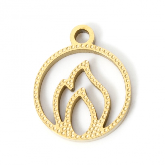 Imagen de 2 Unidades Recubrimiento al Vacío PVD Ecológico 304 Acero Inoxidable Colgantes Chapado en Oro de 18K Ronda llama del fuego Hueco 18.5mm x 15.5mm