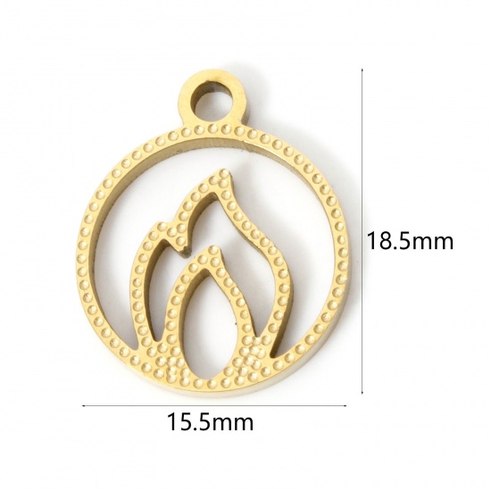 Imagen de 2 Unidades Recubrimiento al Vacío PVD Ecológico 304 Acero Inoxidable Colgantes Chapado en Oro de 18K Ronda llama del fuego Hueco 18.5mm x 15.5mm