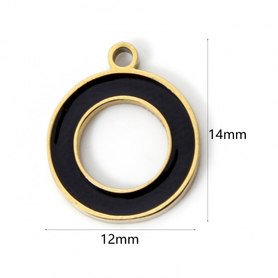 Picture of 2 PCs Vacuum Plating 304 Stainless Steel Geometric Charms 18K Gold Plated Black Circle Ring Enamel 14mm x 12mm