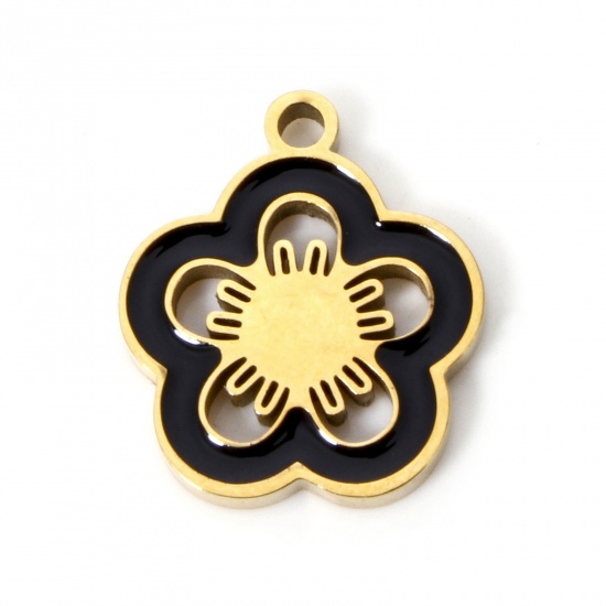 Picture of 2 PCs Vacuum Plating 304 Stainless Steel Charms 18K Gold Plated Black Flower Enamel 14mm x 12mm