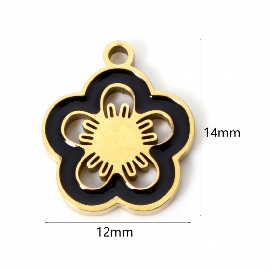 Picture of 2 PCs Vacuum Plating 304 Stainless Steel Charms 18K Gold Plated Black Flower Enamel 14mm x 12mm