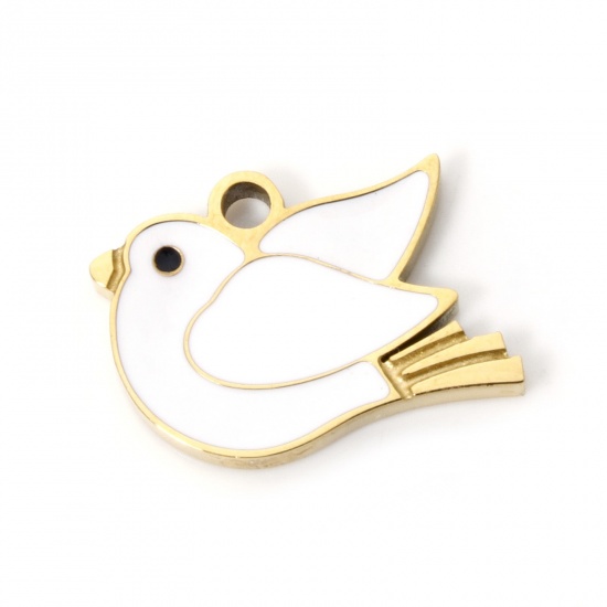 Picture of 2 PCs Vacuum Plating 304 Stainless Steel Charms 18K Gold Plated White Pigeon Animal Enamel 15mm x 10mm