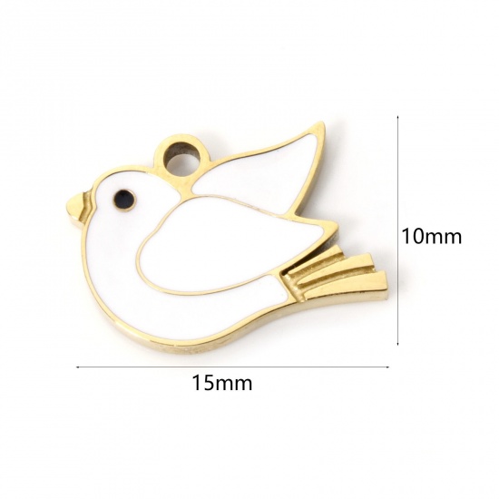 Picture of 2 PCs Vacuum Plating 304 Stainless Steel Charms 18K Gold Plated White Pigeon Animal Enamel 15mm x 10mm