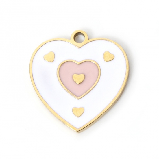 Picture of 2 PCs Vacuum Plating 304 Stainless Steel Valentine's Day Charms 18K Gold Plated White & Pink Heart Enamel 15.5mm x 15mm