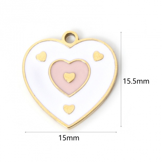 Picture of 2 PCs Vacuum Plating 304 Stainless Steel Valentine's Day Charms 18K Gold Plated White & Pink Heart Enamel 15.5mm x 15mm