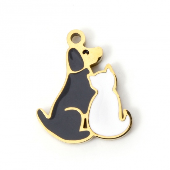 Picture of 2 PCs Vacuum Plating 304 Stainless Steel Charms 18K Gold Plated Black & White Cat Animal Dog Enamel 14mm x 12mm