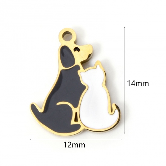 Picture of 2 PCs Vacuum Plating 304 Stainless Steel Charms 18K Gold Plated Black & White Cat Animal Dog Enamel 14mm x 12mm