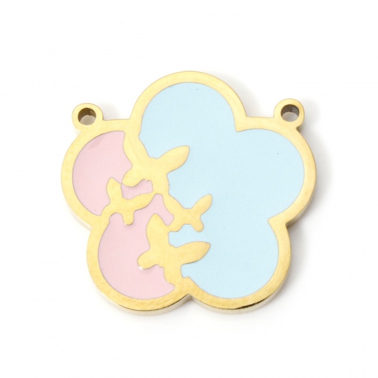 Picture of 2 PCs Vacuum Plating 304 Stainless Steel Charms 18K Gold Plated Blue & Pink Flower Enamel 18mm x 18mm